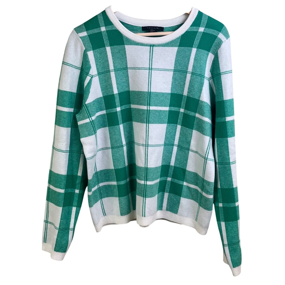 Tahari Green White Windowpane Plaid Long Sleeve Pullover Sweater Golf Beach XL